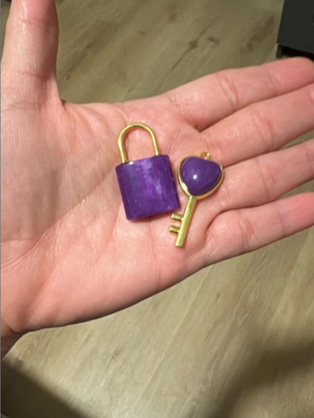 Purple Heart Key and Padlock Charm Set - Gold Accent